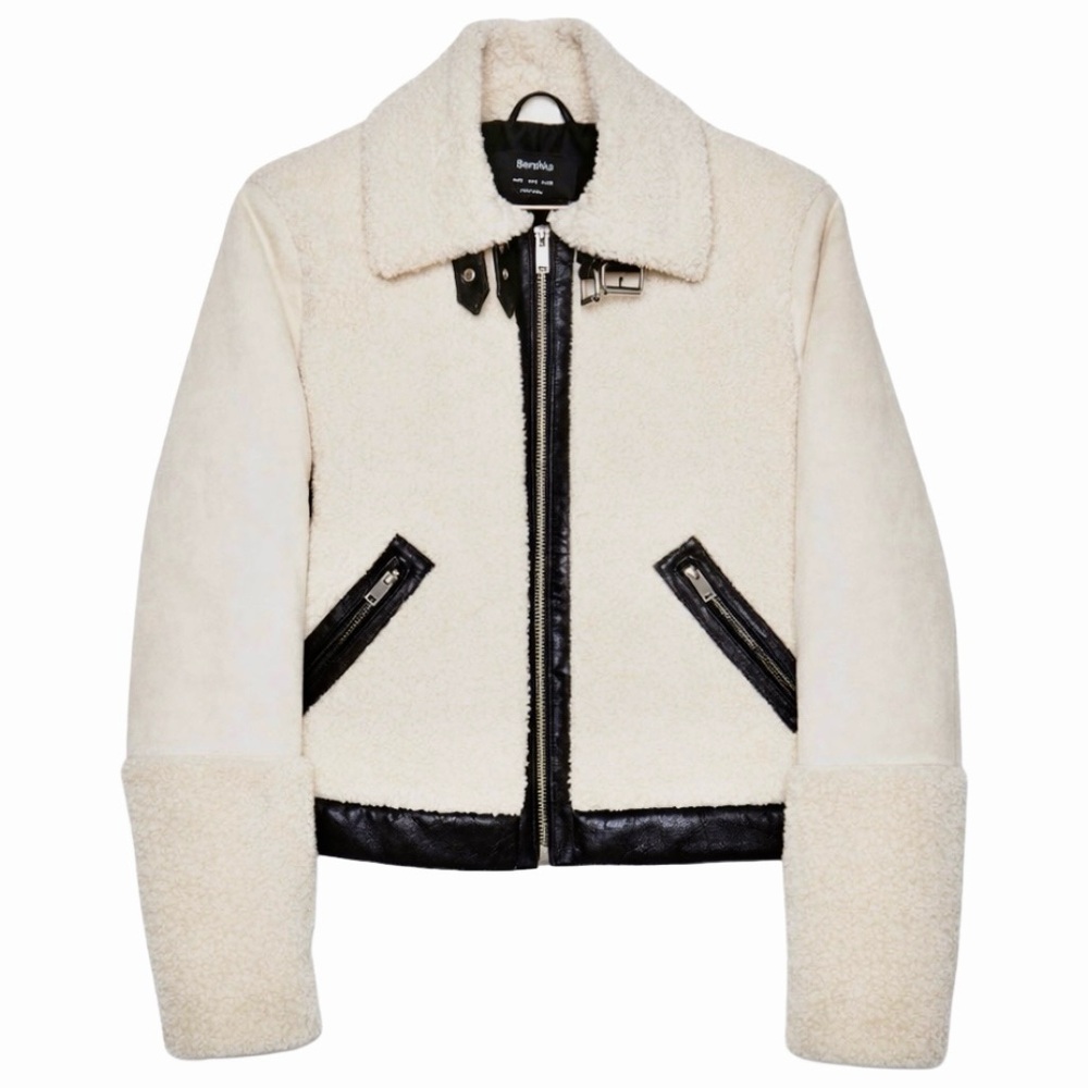 Bershka Faux Shearling Aviator Jacket Ivory Black Women’s M/L